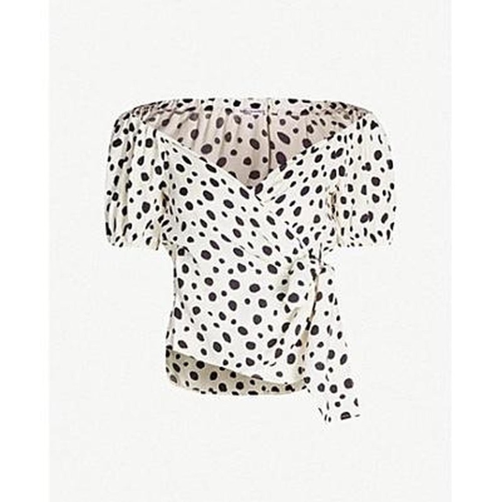 Reformation White Polka Dot Wrap Blouse with Black Dots